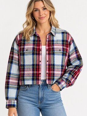 Roots Plaid Shirt Jacket Red Blue White Oversized Boxy Cropped 100% Cotton